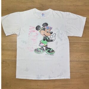 Vintage Jerzees Mickey Mouse Kentucky T Shirt White L 90s Velva Sheen Disney USA